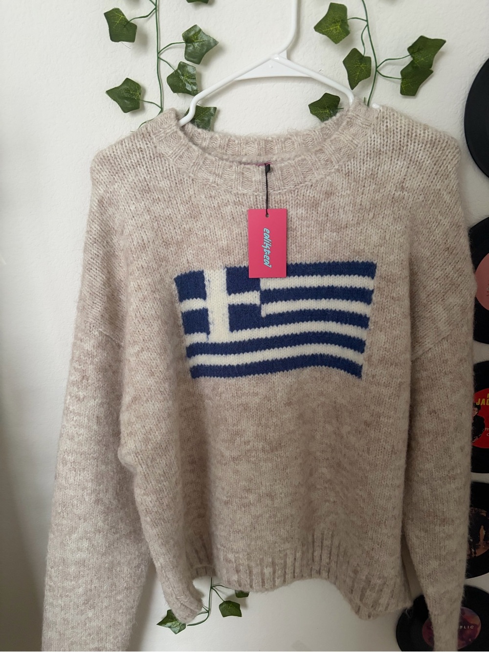 Cozy Cream Knit Sweater with Greece Flag Detail - Picture 5 of 5